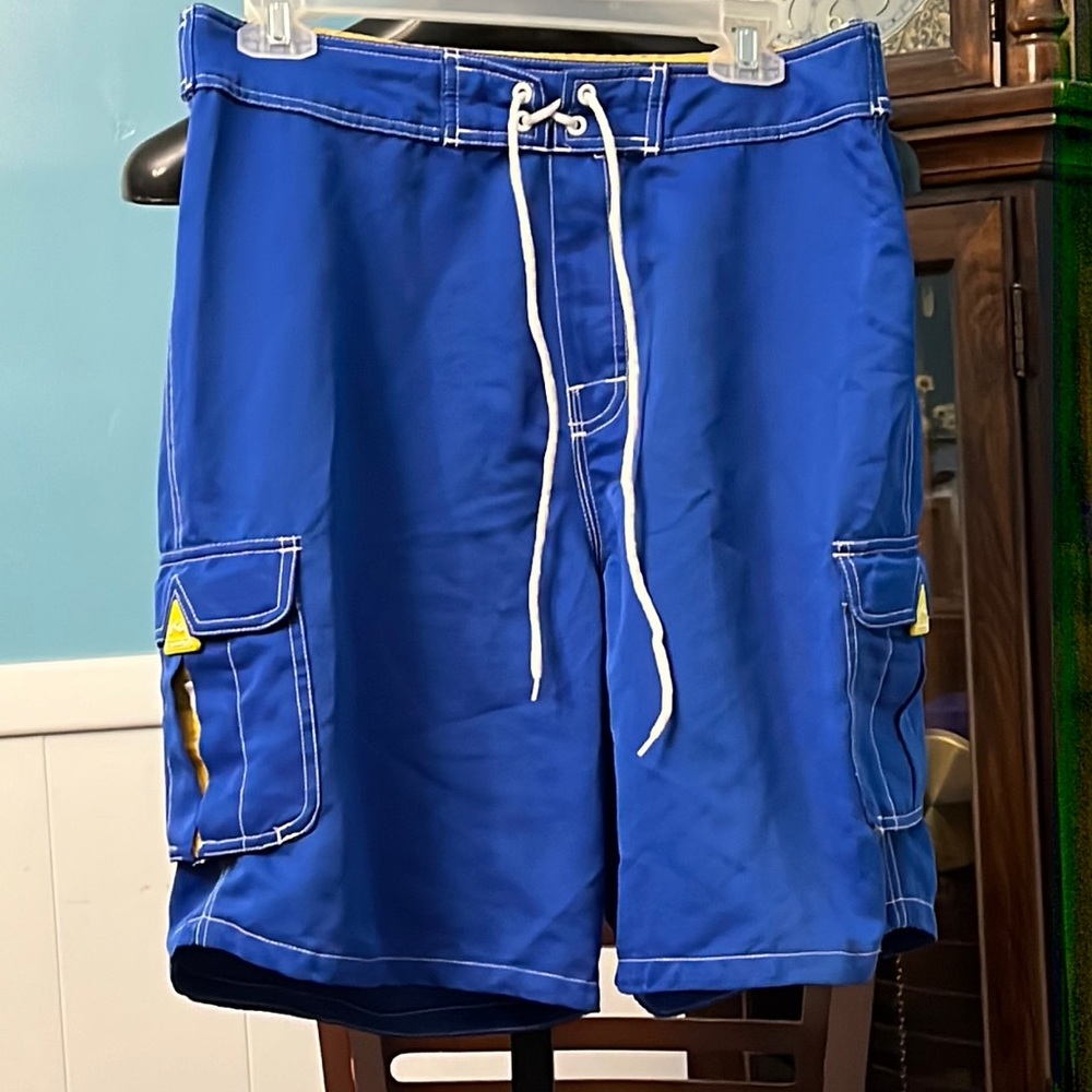 RUSTY 36 waist board shorts, royal blue/yellow Jersey, cargo pockets